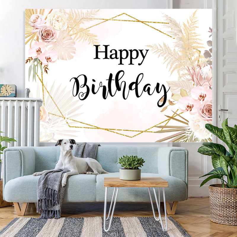Lofaris Happy Birthday Floral Gold Leaves Geometry Backdrop for Party