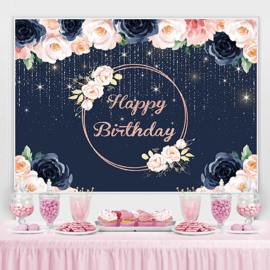 Lofaris Happy Birthday Floral Lights Glitter Royal Blue Backdrop for Party