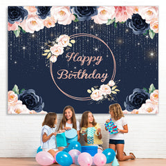 Lofaris Happy Birthday Floral Lights Glitter Royal Blue Backdrop for Party