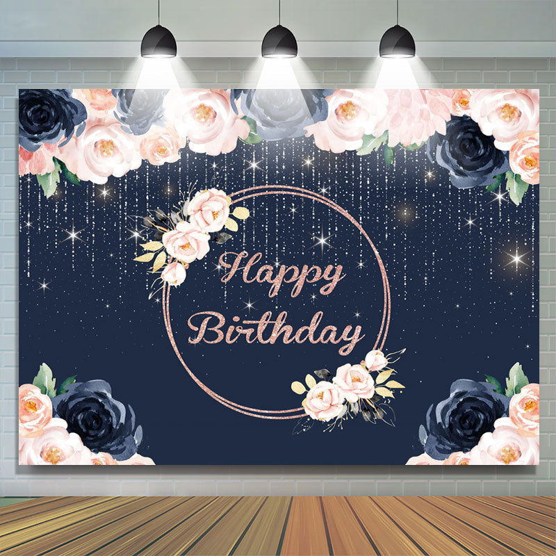 Lofaris Happy Birthday Floral Lights Glitter Royal Blue Backdrop for Party