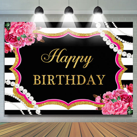 Lofaris Happy Birthday Floral Pearls Black White Backdrop for Party
