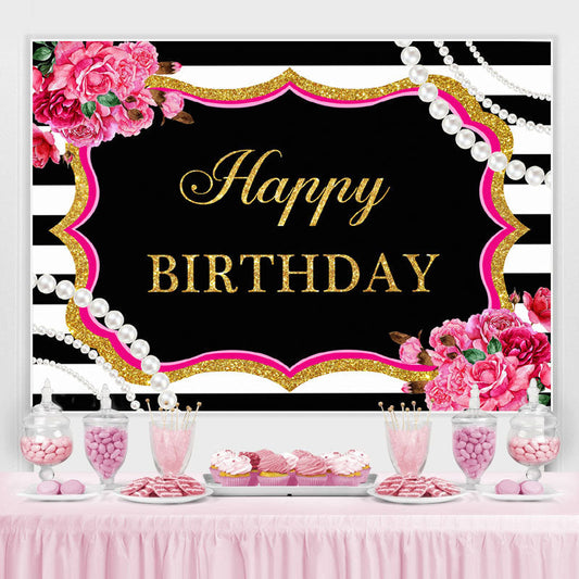Lofaris Happy Birthday Floral Pearls Black White Backdrop for Party