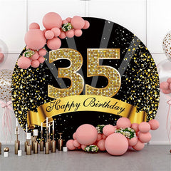 Lofaris Happy Birthday for 35th Black Gold Glitter Round Backdrops