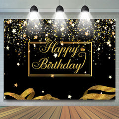 Lofaris Happy Birthday Gold Stars Glitter Ribbon Black Backdrop