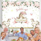 Load image into Gallery viewer, Lofaris Happy Birthday Saddle Up Horse Pink Flower Themed Backdrop