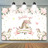 Load image into Gallery viewer, Lofaris Happy Birthday Saddle Up Horse Pink Flower Themed Backdrop