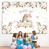 Load image into Gallery viewer, Lofaris Happy Birthday Saddle Up Horse Pink Flower Themed Backdrop