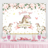 Load image into Gallery viewer, Lofaris Happy Birthday Saddle Up Horse Pink Flower Themed Backdrop