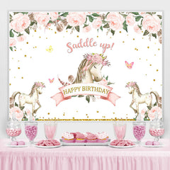Lofaris Happy Birthday Saddle Up Horse Pink Flower Themed Backdrop