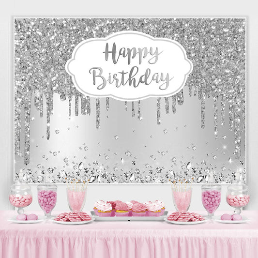Lofaris Happy Birthday Silver Glitter Diamonds Backdrop for Party