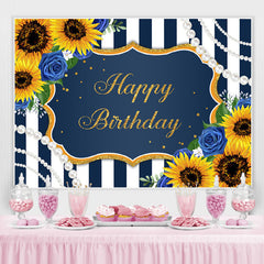 Lofaris Happy Birthday Sunflower Blue Rose Pearls Stripe Backdrop