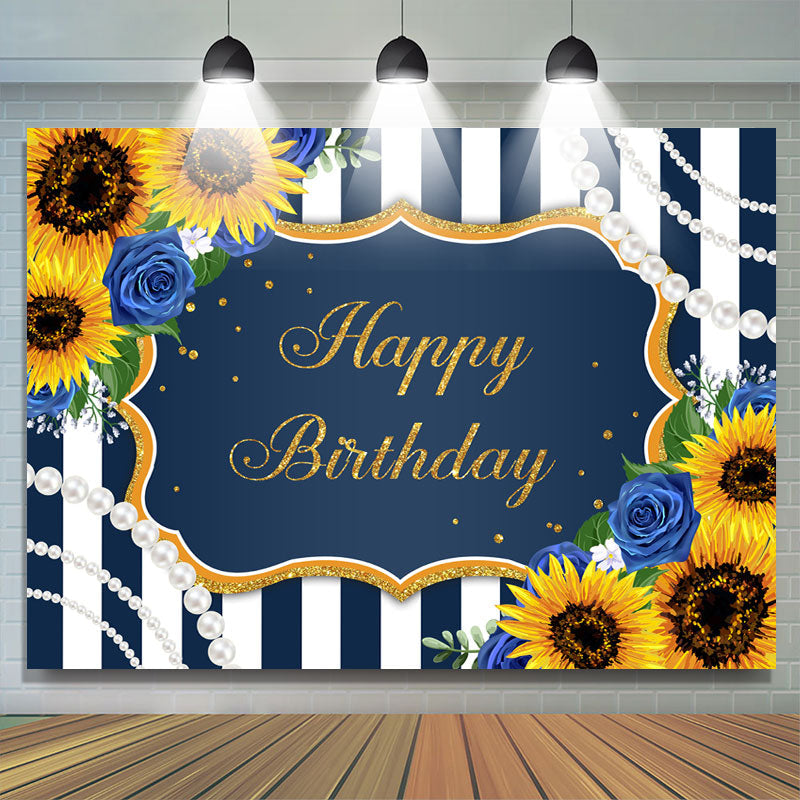 Lofaris Happy Birthday Sunflower Blue Rose Pearls Stripe Backdrop