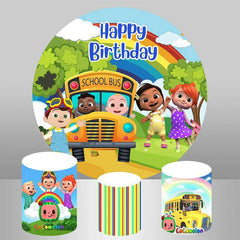 Lofaris Happy Children And School Bus Round Birthday Backdrop