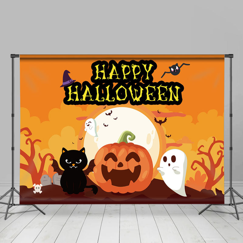 Lofaris Happy Halloween Pumpkin Cartoon Bat Cat Backdrop for Kid Party