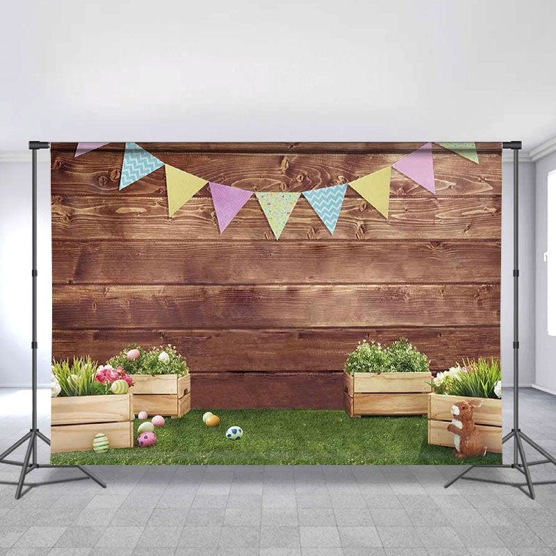 Lofaris Happy Rabbit Green Grass Brown Wooden Easter Backdrop