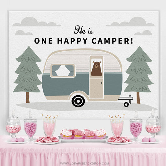 Lofaris He Is One Happy Camper Jungle Birthday Backdrop