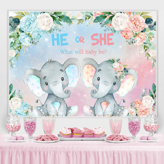 Lofaris He Or She Floral And Elephant Baby Shower Backdrop
