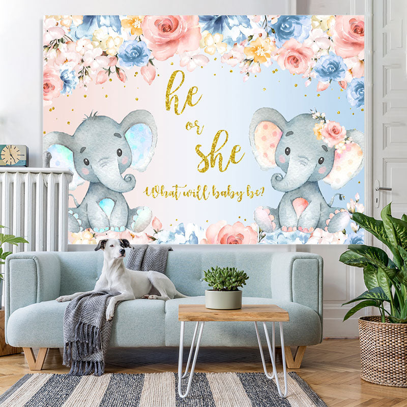 Lofaris He Or She Floral And Elephants Baby Shower Backdrop