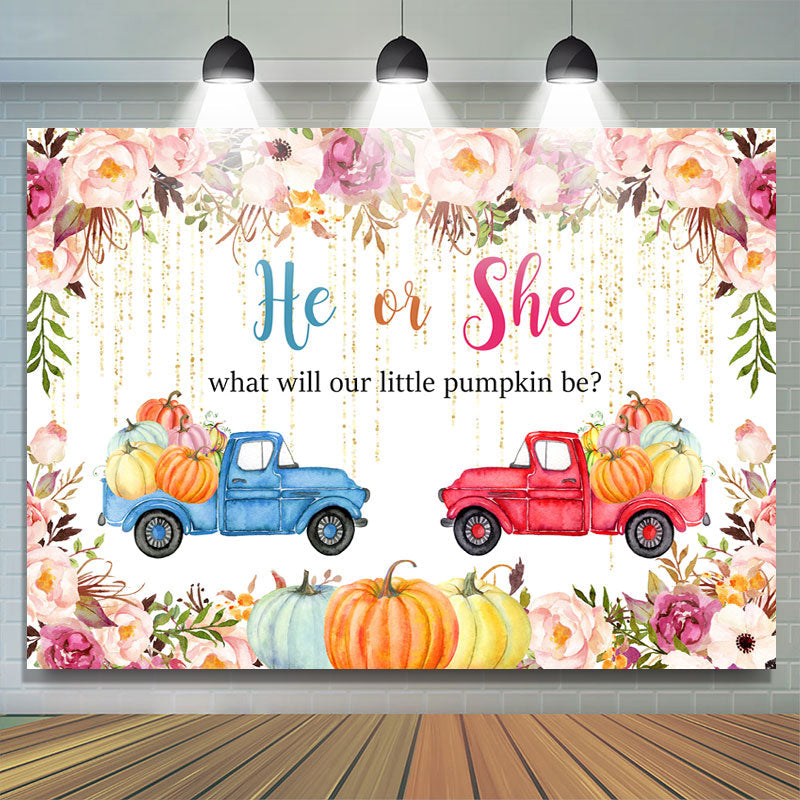 Lofaris He Or She Floral and Pumpkin Fall Baby Shower Backdrop