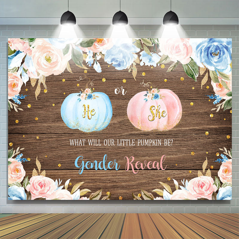 Lofaris He or She Floral and Pumpkins Wood Baby Shower Backdrop