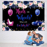 Load image into Gallery viewer, Lofaris Heels or Wheels Gender Reveal Floral Backdrop for Baby Shower