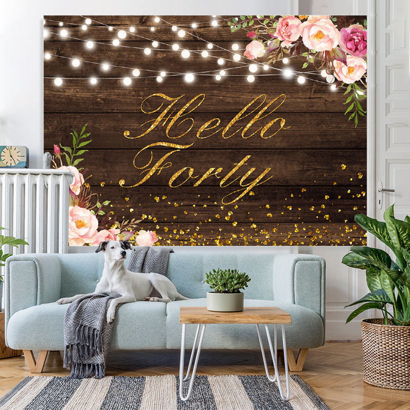 Lofaris Hello Forty Floral Gold Glitter Backdrop for Birthday