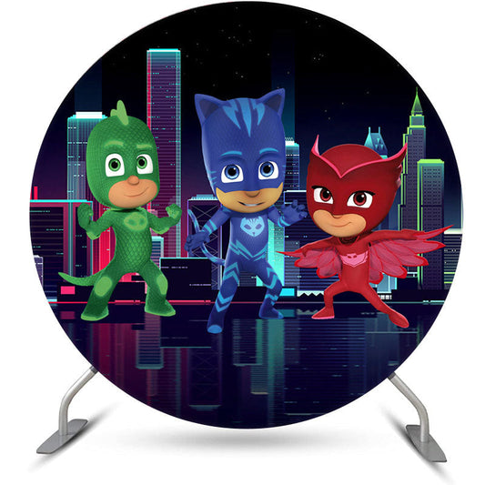 Lofaris High Buildings And Cartoon Hero Round Birthday Backdrop Kit