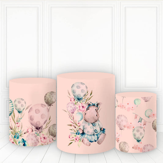Lofaris Hippo With Balloon Leaves Plinth Cover Grey Pink Pillar Wrap