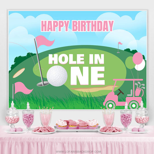 Lofaris Hole In One Pink Balloon Happy Birthday Backdrop