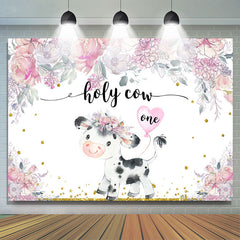 Lofaris Holy Cow One Pink Floral Baby 1St Birthday Backdrop