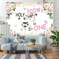 Lofaris Holy Cow Pink Floral Gold Glitter First Birthday Backdrop for Girl