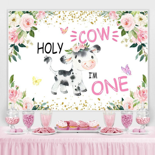 Lofaris Holy Cow Pink Floral Gold Glitter First Birthday Backdrop for Girl