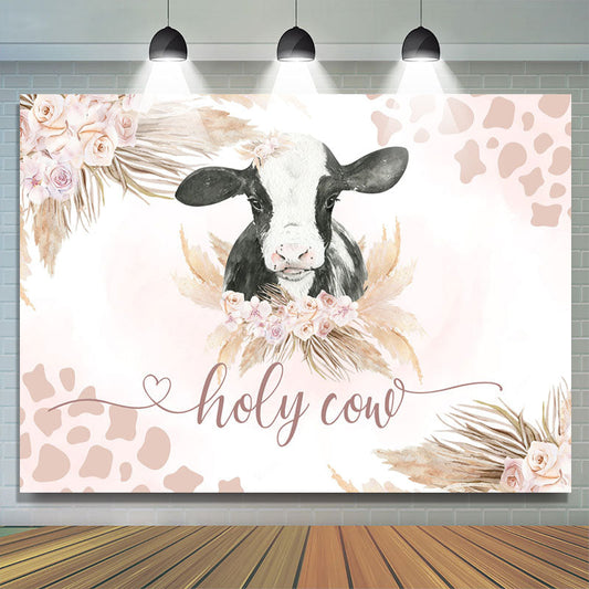 Lofaris Holy Cow Pink Floral Leave Gender Reveal Backdrop