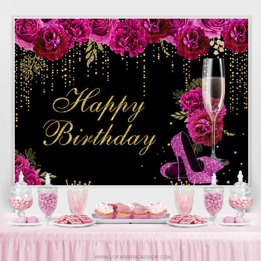 Lofaris Hot Pink Floral Gold Glitter Happy Birthday Backdrop