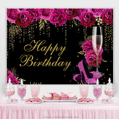 Lofaris Hot Pink Floral Gold Glitter Happy Birthday Backdrop