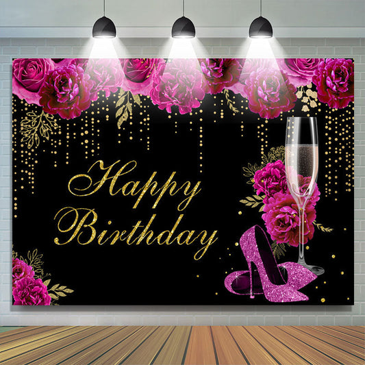 Lofaris Hot Pink Floral Gold Glitter Happy Birthday Backdrop