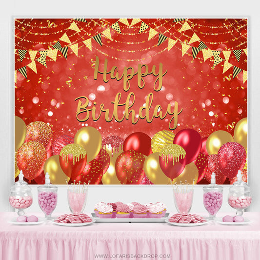 Lofaris Hot Red Balloon Flag Ribbon Happy Birthday Backdrop