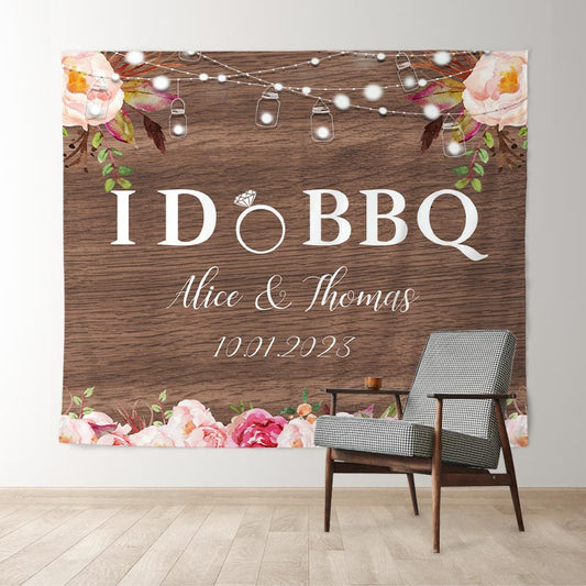 Lofaris I Do BBQ Floral Light Wood Backdrop for Party
