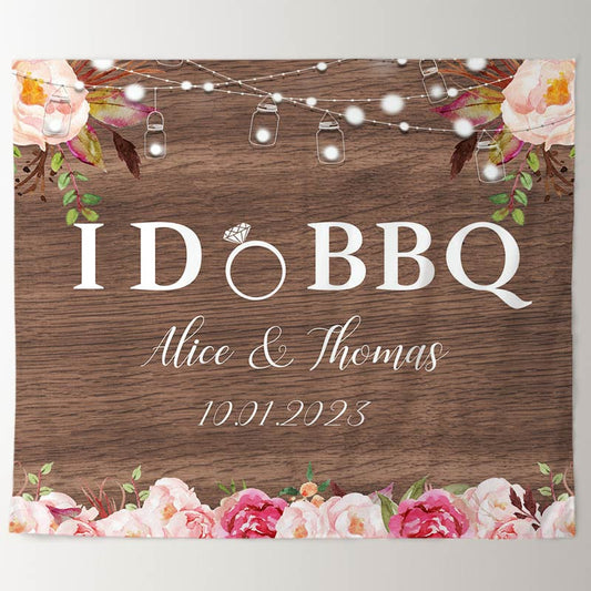 Lofaris I Do BBQ Floral Light Wood Backdrop for Party