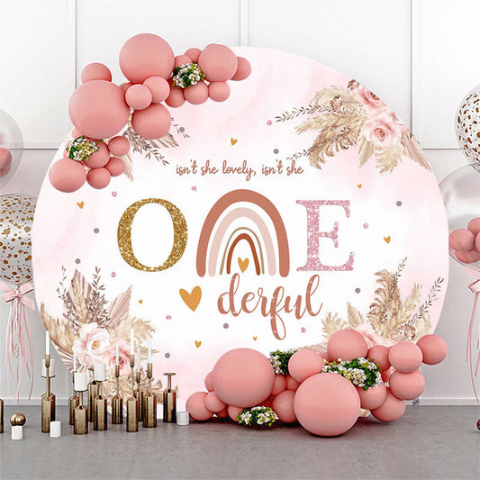 Lofaris Isnt She Onederful Floral Circle Pink Birthday Backdrop
