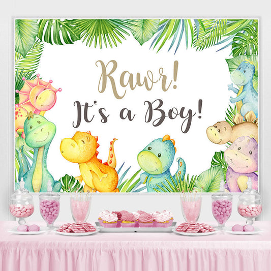 Lofaris Its A Baby Dinosaur Green Leaves Cartoon Backdrop for Shower
