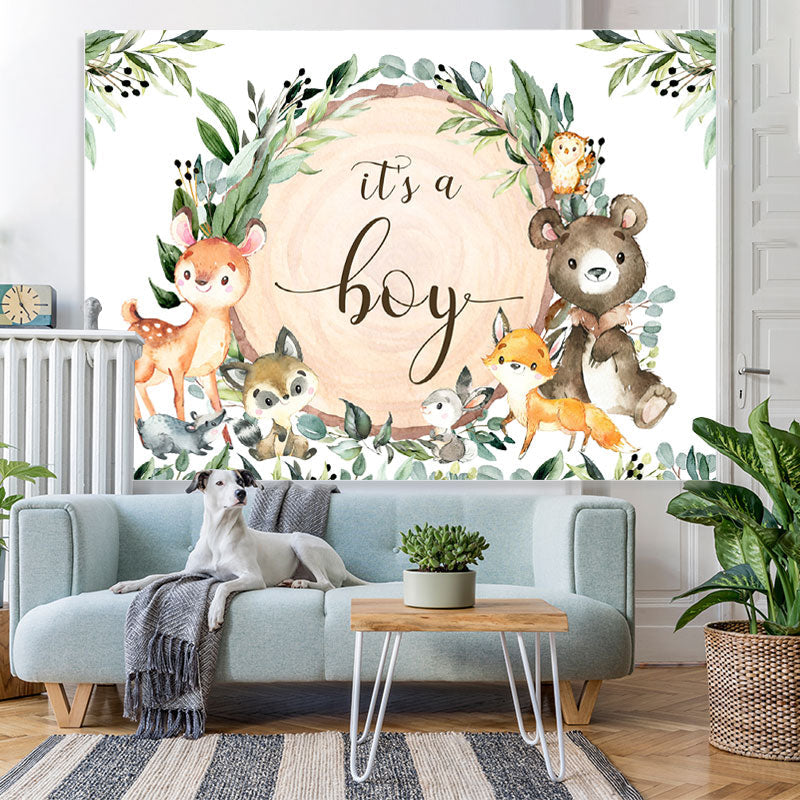 Lofaris Its A Boy Animal Green Wreath Backdrop for Baby Shower