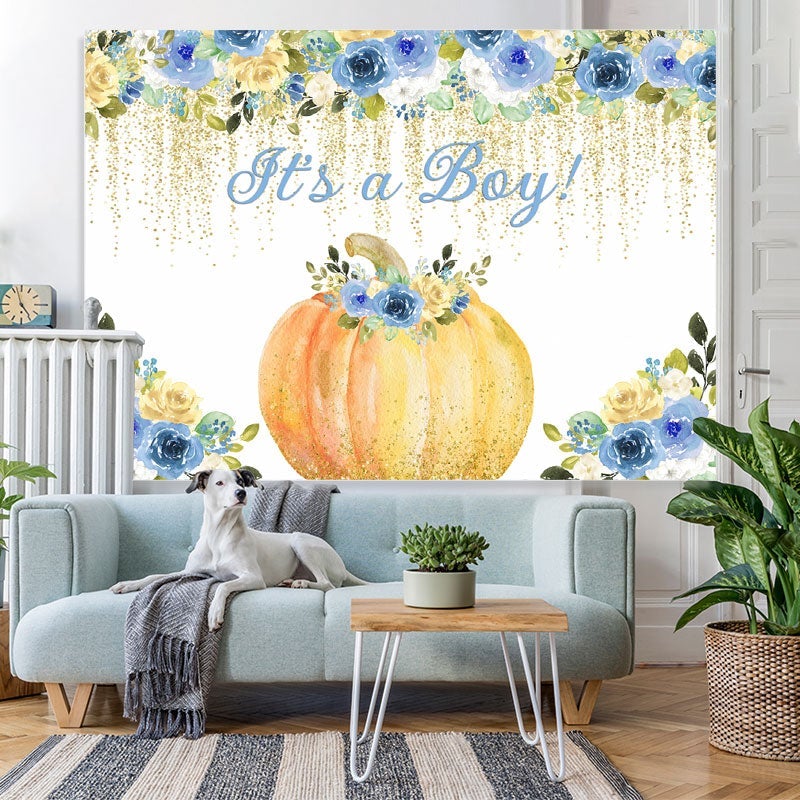 Lofaris Its a Boy! Blue flowers pumpkin baby shower Backdrop