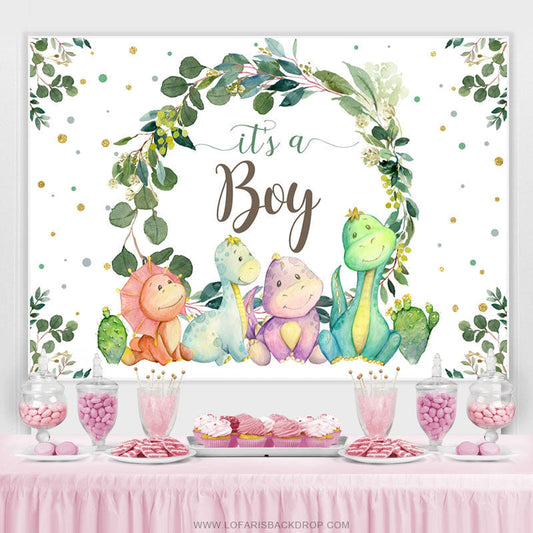 Lofaris Its A Boy Green Leaves And Dinosaur Baby Shower Backdrop