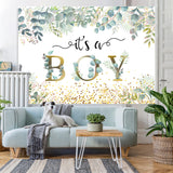 Load image into Gallery viewer, Lofaris It’s A Boy With Leaves And Spot Baby Shower Backdrop