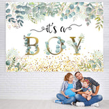 Load image into Gallery viewer, Lofaris It’s A Boy With Leaves And Spot Baby Shower Backdrop