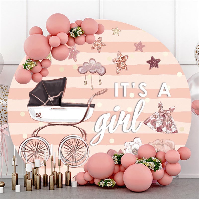 Lofaris Its A Girl Baby Carriage Pink Stripe Round Shower Backdrops