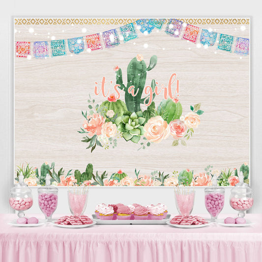 Lofaris Its A Girl Cactus And Floral Wood Baby Shower Backdrop