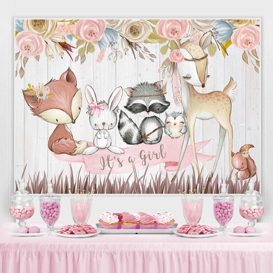 Lofaris Its A Girl Pink Floral Cute Animal Backdrop for Baby Shower