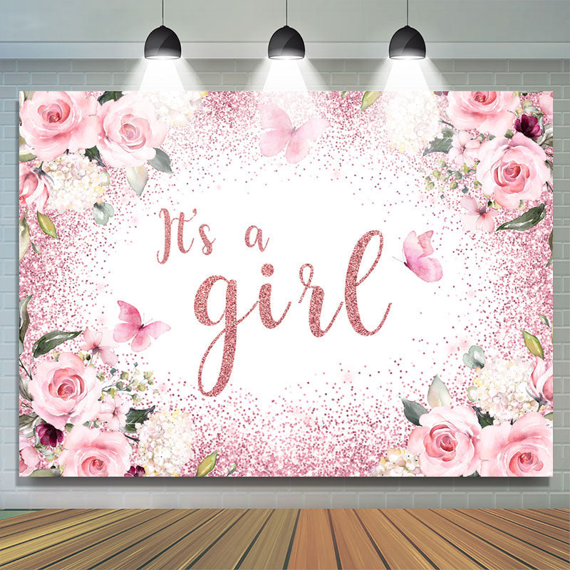 Lofaris Its A Girl Pink Floral Glitter Baby Shower Backdrop